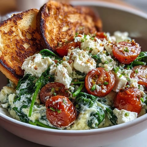 Enjoy the warm Spinach and Feta Breakfast Bowl garnished with fresh parsley, served alongside crunchy toasted whole grain bread slices.  