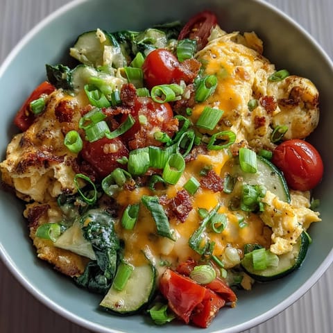 Fluffy scrambled eggs and sautéed veggies topped with melted cheese in a breakfast bowl.