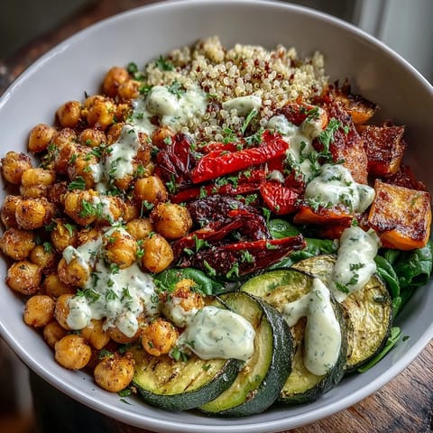 A wholesome serving of Roasted Chickpea Power Bowl features fluffy quinoa, avocado slices, and spinach, ready for a healthy lunch.