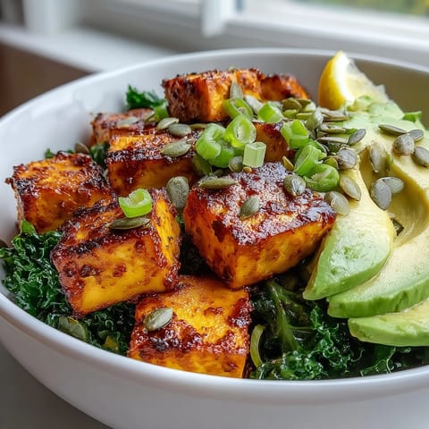 A vibrant, nutrient-dense Tofu Breakfast Bowl is served warm, featuring golden turmeric tofu, wilted kale, and fresh avocado.  