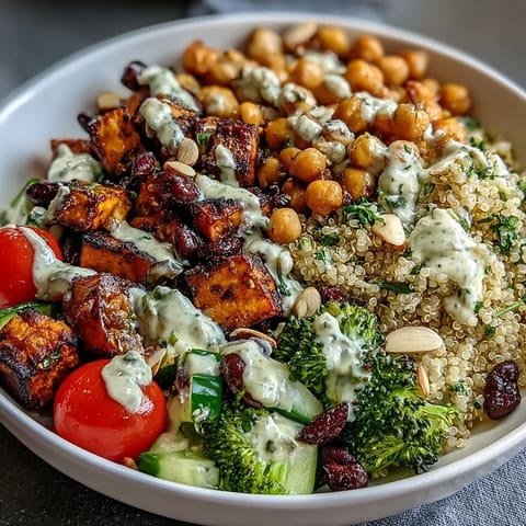 A vibrant bowl of Meal Prep Week-Long Power Bowl with fluffy quinoa, roasted sweet potatoes, and fresh vegetables.  