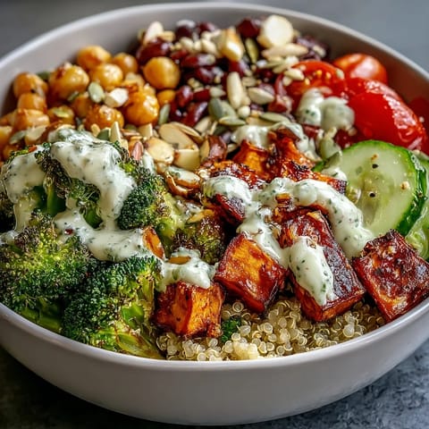 Colorful roasted vegetables and chickpeas in a Meal Prep Week-Long Power Bowl topped with crunchy almonds and seeds.  
