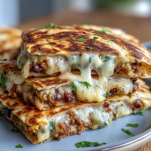Golden-brown Black-Eyed Pea Quesadilla wedges on a plate, garnished with fresh cilantro and a dollop of sour cream.