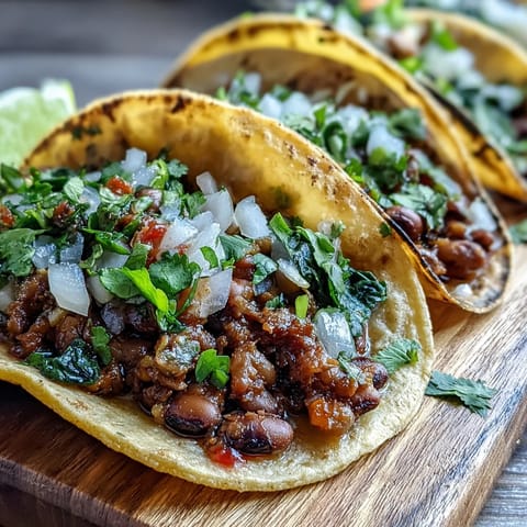 Hearty Black-Eyed Pea Tacos filled with seasoned, mashed peas and garnished with fresh toppings.