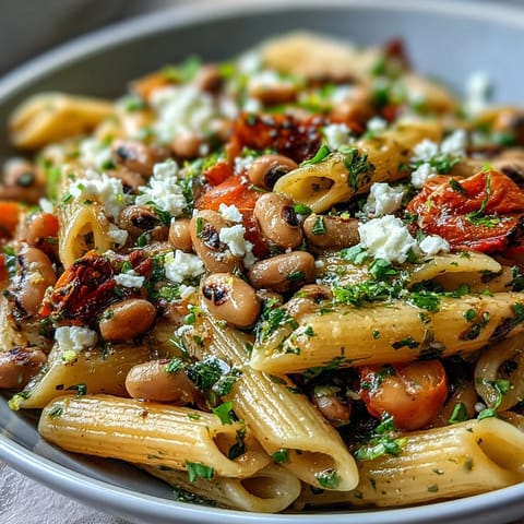 Fork-tender penne pasta tossed with sautéed garlic, red onion, and flavorful black-eyed peas in a Mediterranean-inspired skillet.