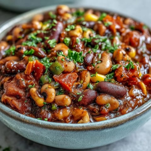 A bowl of Black-Eyed Pea Chili topped with sour cream and fresh cilantro, served beside crunchy tortilla chips.