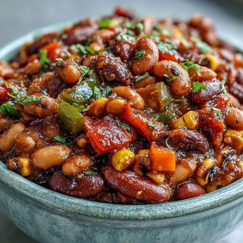 Hearty Black-Eyed Pea Chili simmering in a pot, packed with corn and diced vegetables for a comforting meal.