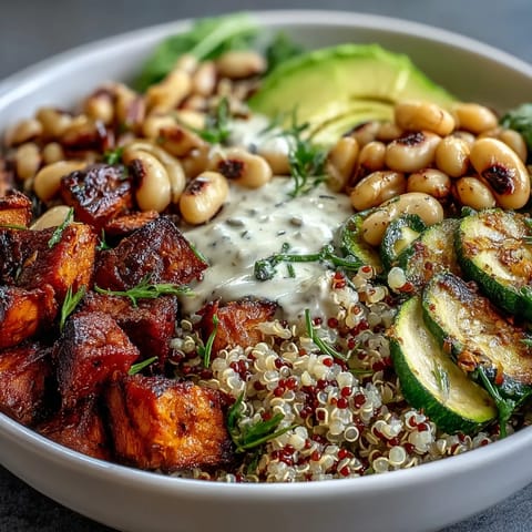 A close-up of a vibrant Black-Eyed Pea Buddha Bowl reveals fresh avocado and quinoa.