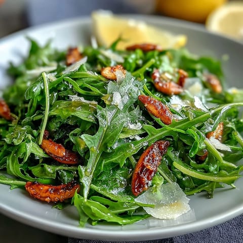 Fresh arugula salad with lemon vinaigrette and shaved Parmesan, garnished with toasted pine nuts for crunch.