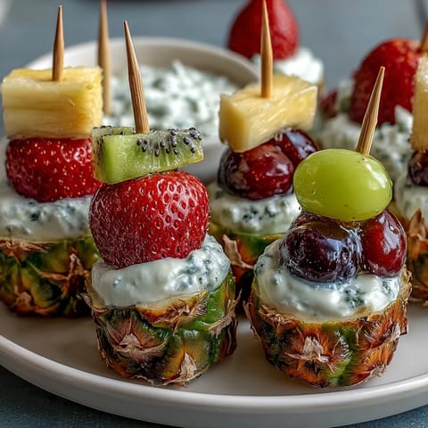 Fun Kid Lunch Bento Box with Fruit Skewers and Dip featuring colorful strawberries, grapes, and kiwi on wooden skewers beside a creamy vanilla yogurt dip.