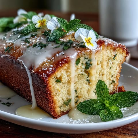 Mothers Day Lemon Drizzle Cake with Edible Flowers on a rustic cake stand, topped with a glossy lemon glaze and colorful edible blooms.