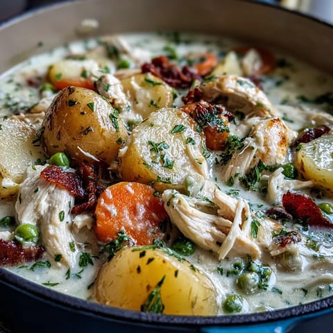 Slow Cooker Chicken Pot Pie Soup in a bowl, creamy broth with tender chicken, potatoes, and carrots, garnished with parsley and a biscuit on the side.  