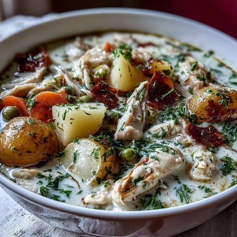 Rich and comforting Slow Cooker Chicken Pot Pie Soup, loaded with shredded chicken, hearty vegetables, and a thick, savory cream base, perfect for chilly evenings.  