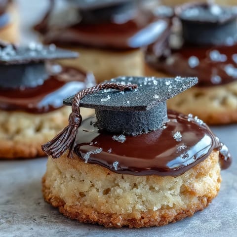 Easy Graduation Cookies with Fondant Mortarboard: festive sugar cookies topped with black fondant caps and yellow tassels, perfect for celebrating grads.