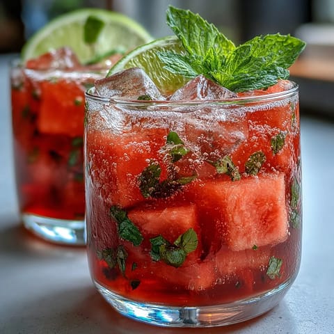 A vibrant Watermelon Mint Vodka Spritz Mocktail with fresh mint and juicy watermelon, served in a chilled glass with lime garnish.