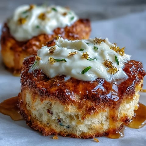 Warm, flaky scones infused with dandelion honey, served with a generous dollop of clotted cream for a classic British treat.
