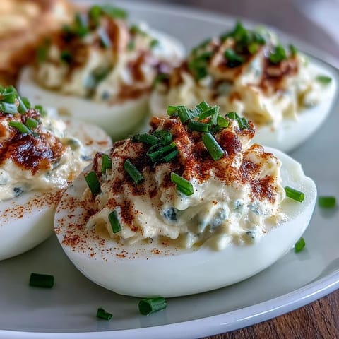 Classic Deviled Eggs with Paprika and Chives: Creamy, tangy yolk filling in tender egg whites, topped with smoky paprika and fresh chives.