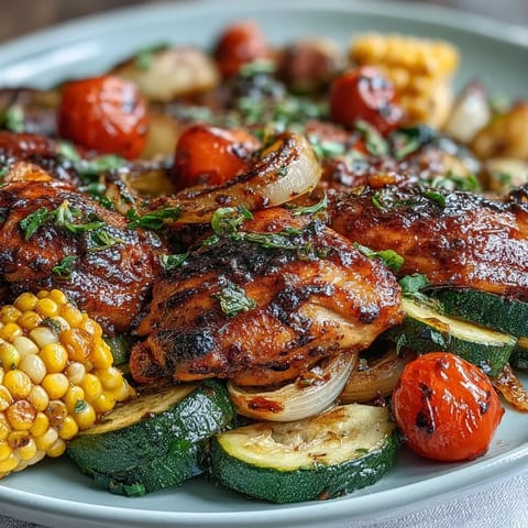Juicy chicken breasts roasted with zucchini, sweet corn, and cherry tomatoes on a sheet pan for an easy summer dinner.  