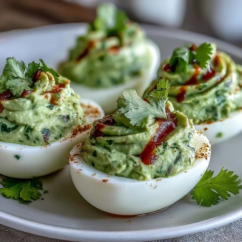 Creamy avocado deviled eggs with a spicy Sriracha drizzle, perfect for parties or healthy snacking.