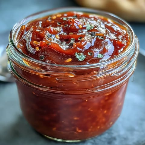 Vibrant Homemade Fermented Hot Sauce glistening in its jar, ready for a spicy kick.