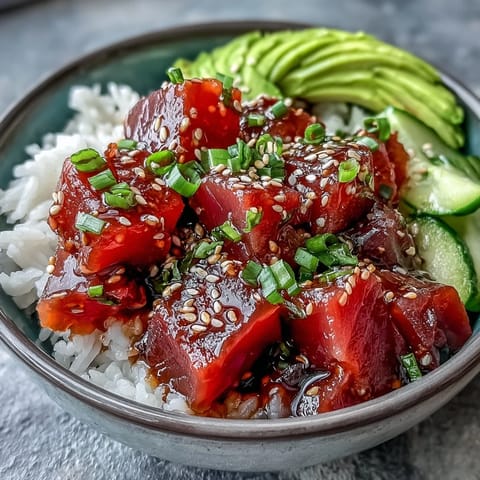 Tender marinated tuna atop sushi rice in this beautifully presented Spring Tuna Poke Bowl.