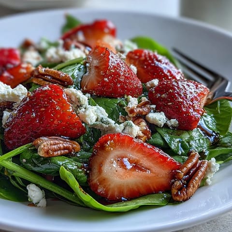 Vibrant strawberry spinach spring salad with creamy goat cheese and toasted nuts.