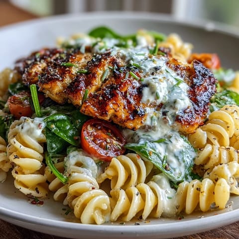 Savory high protein pasta bowl with grilled chicken, creamy cottage cheese, and wilted spinach.