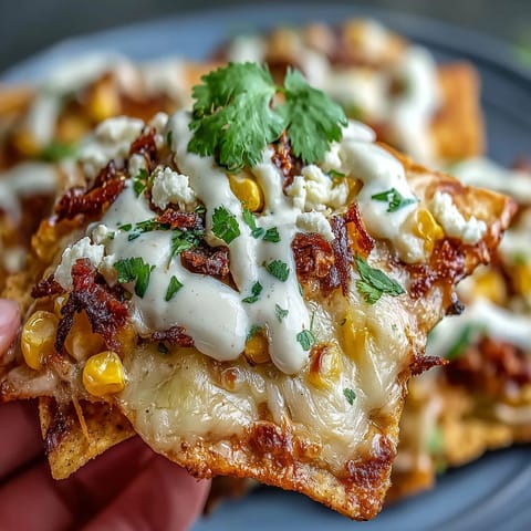 Close-up of loaded Cinco de Mayo Elote Nachos drizzled with chipotle crema.