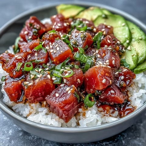 Vibrant Spring Tuna Poke Bowl bursting with fresh vegetables and zesty ponzu dressing.