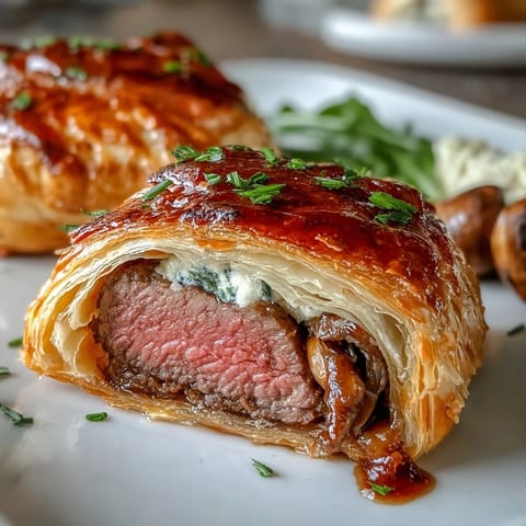 Golden Individual Beef Wellington parcels, flaky pastry encasing tender beef and earthy mushrooms.