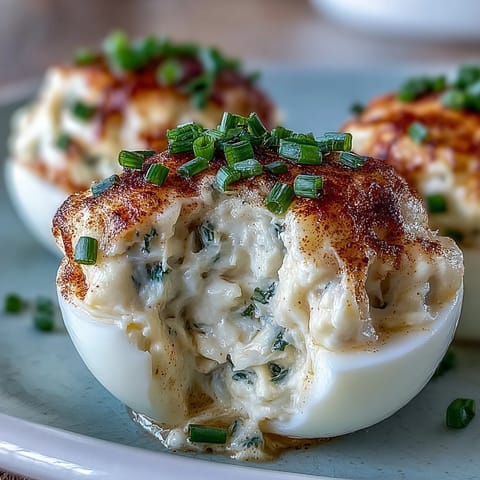 Crab cake deviled eggs with Old Bay seasoning, a savory appetizer delight.