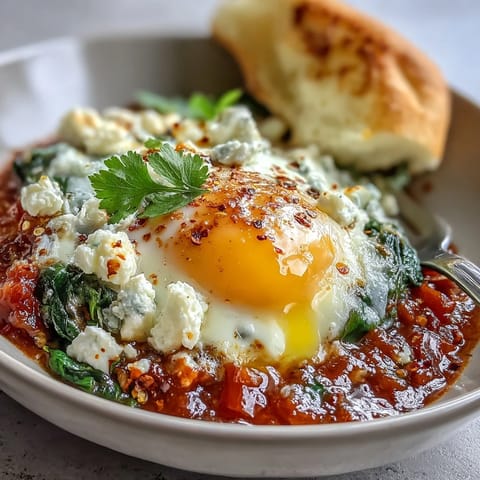 Spinach and Feta Shakshuka with runny yolks and fluffy feta, perfect with crusty bread.
