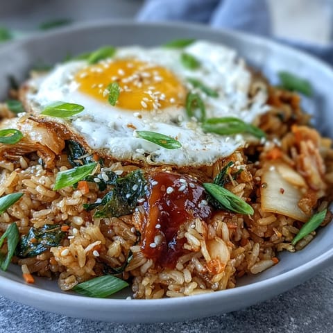 Vibrant kimchi cabbage fried rice topped with a sunny-side-up egg.