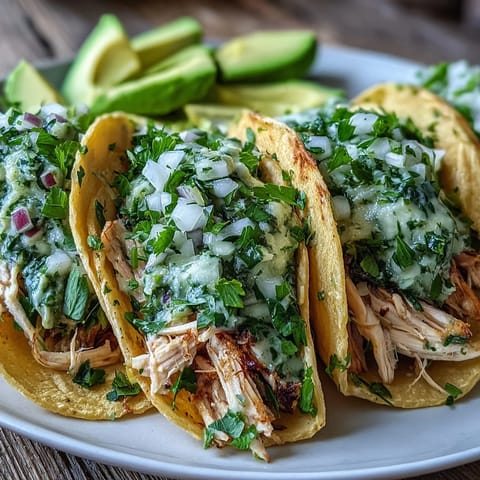 Juicy slow cooker salsa verde chicken tacos, ready for taco night with fresh toppings.