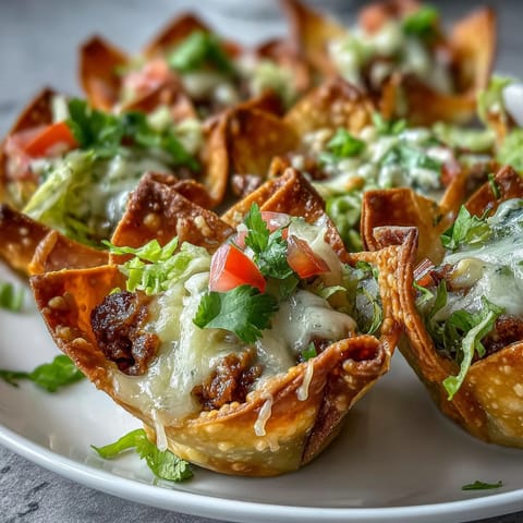 Savory taco filling cascades from crisp wonton shells, crowned with delights.