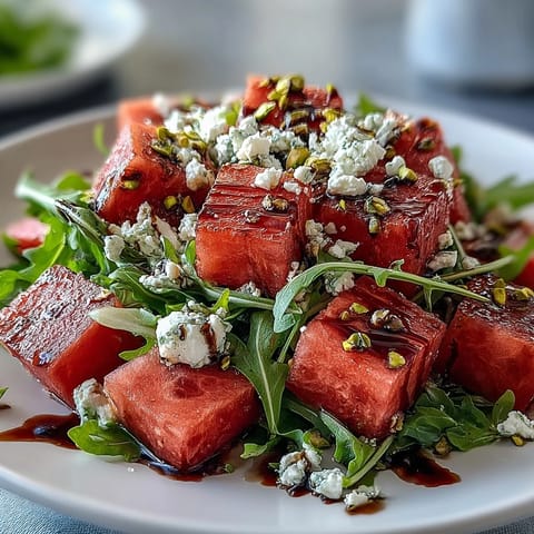Refreshing watermelon feta arugula salad with vibrant balsamic glaze ready to serve.