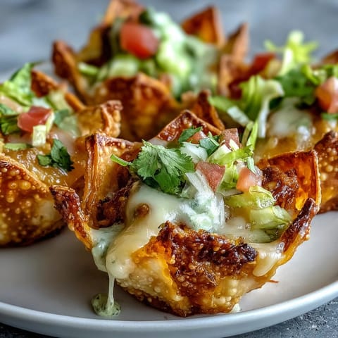 Golden mini taco cups in wonton wrappers, topped with melted cheese.