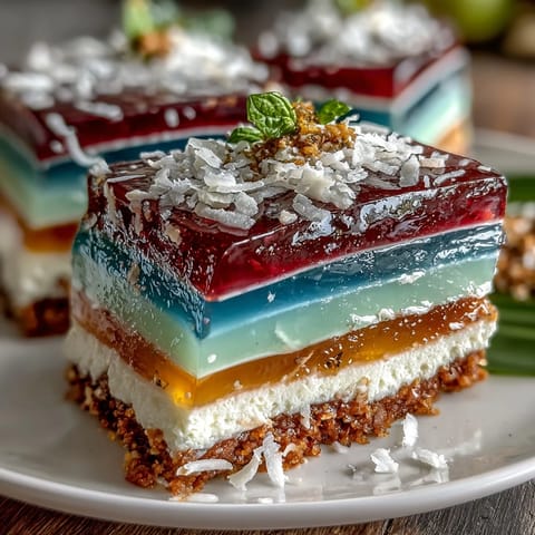 Vibrant Agar-Agar Rainbow Jelly Cake with creamy coconut swirls, party-ready.