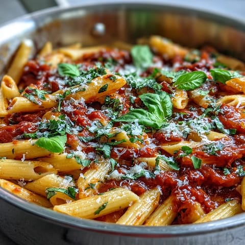 Creamy tomato basil pasta, vibrant with fresh basil and rich tomato sauce.
