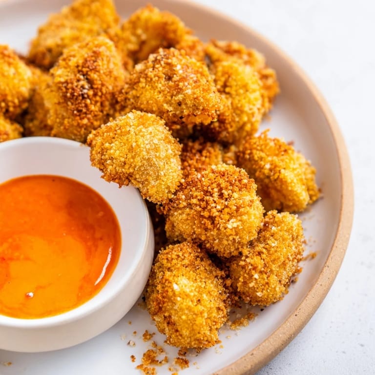 Close-up of perfectly air-fried buffalo cauliflower bites, glistening with buffalo sauce and spices.