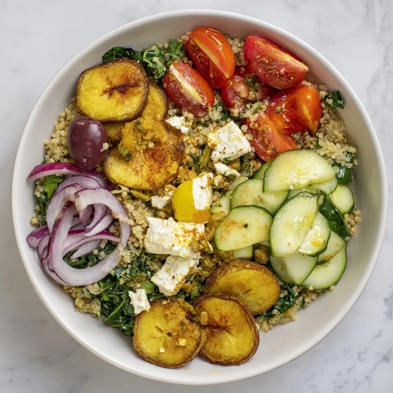 A close-up of a vibrant Mediterranean Grain Bowl featuring fluffy grains, roasted chickpeas, and crumbled feta cheese.