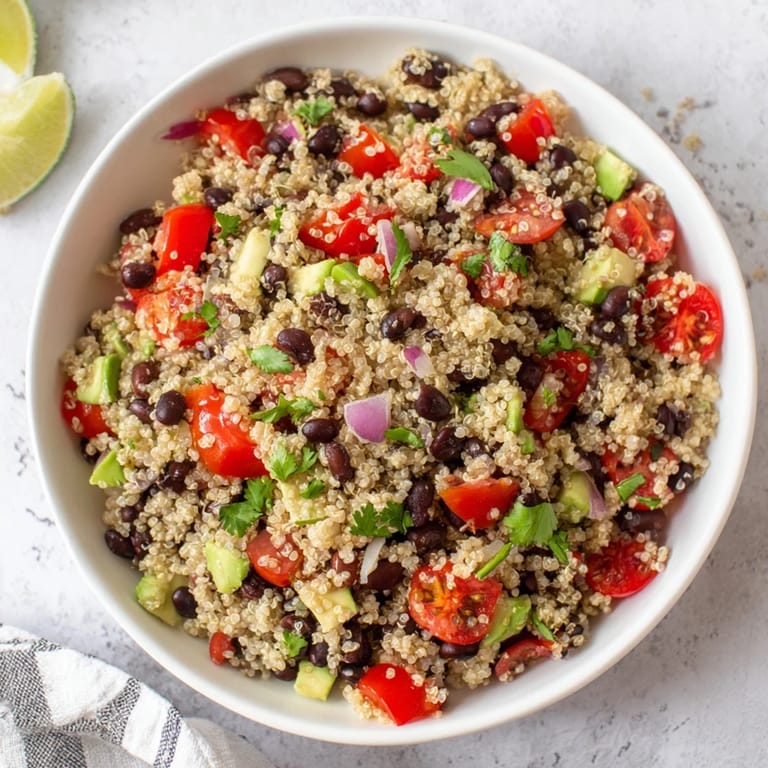 This Refreshing Quinoa and Black Bean Salad recipe highlights fresh ingredients and tastes delicious chilled.