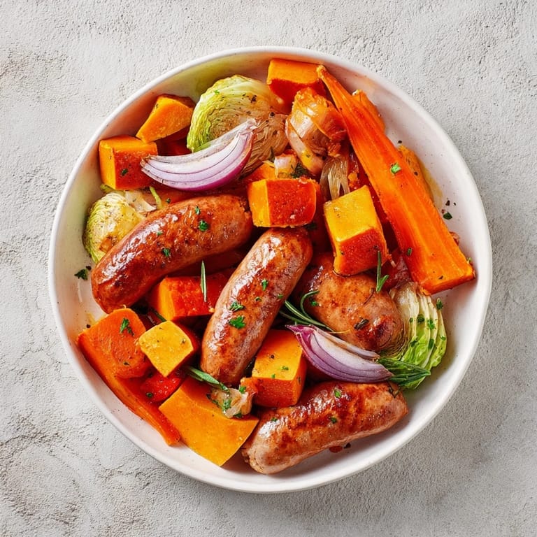 This flavorful Hearty Sheet Pan Sausage and Autumn Veggie Medley features roasted sausages, squash, and apple wedges.