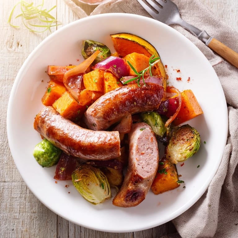 Close-up of a sizzling Hearty Sheet Pan Sausage and Autumn Veggie Medley, perfectly roasted and seasoned vegetables.