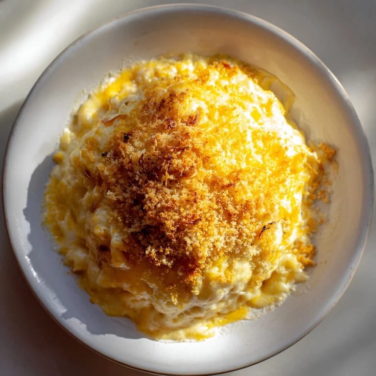 A close-up of steaming Classic Oven-Baked Macaroni and Cheese, with a crispy breadcrumb and cheese topping.