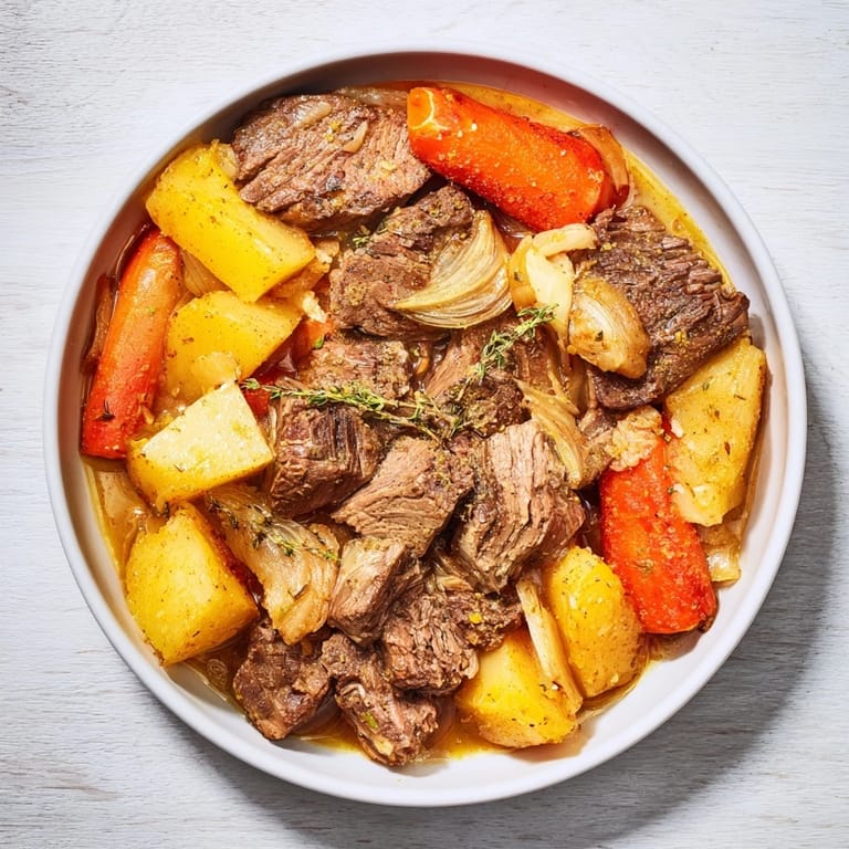 Mouthwatering Slow-Roasted Beef Pot Roast: imagine the aroma of savory beef with herbs.