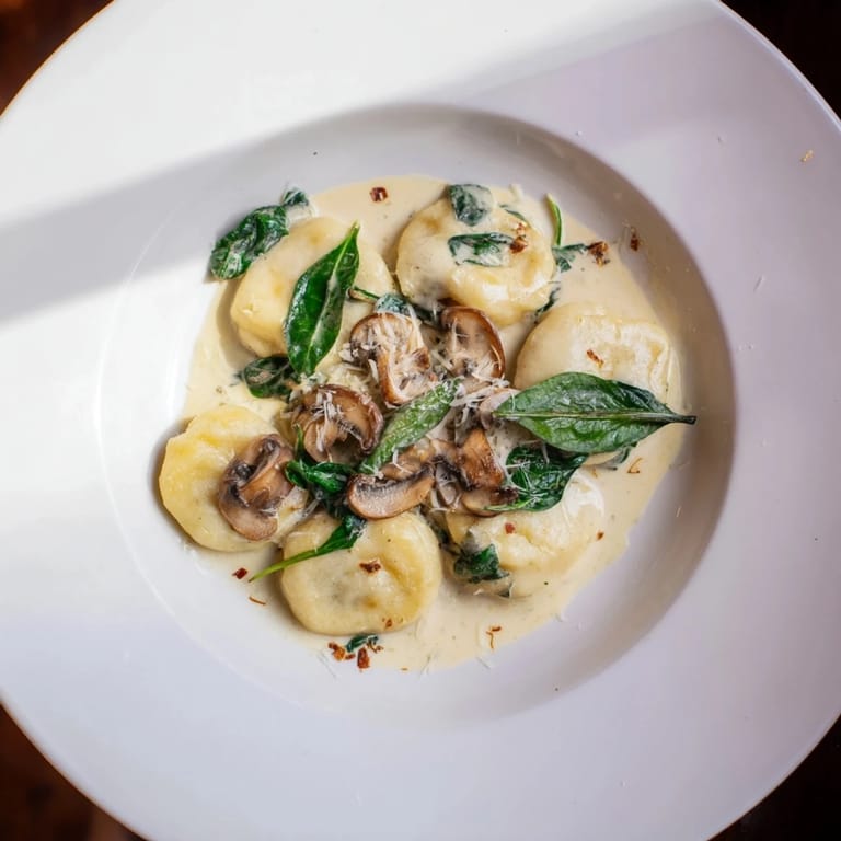 This warm, comforting one-dish creamy mushroom and spinach gnocchi is perfect for a weeknight dinner.