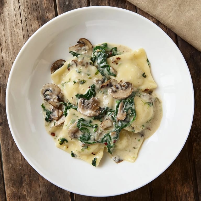 Tender mushroom and spinach nestled in creamy gnocchi, a delicious one-dish Italian meal.