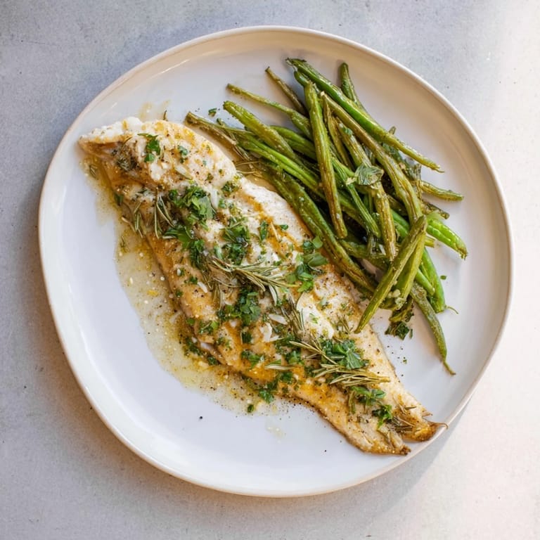 A healthy image of Sheet Pan Lemon Herb Tilapia, showing flaky fish and vibrant green beans ready to be enjoyed.
