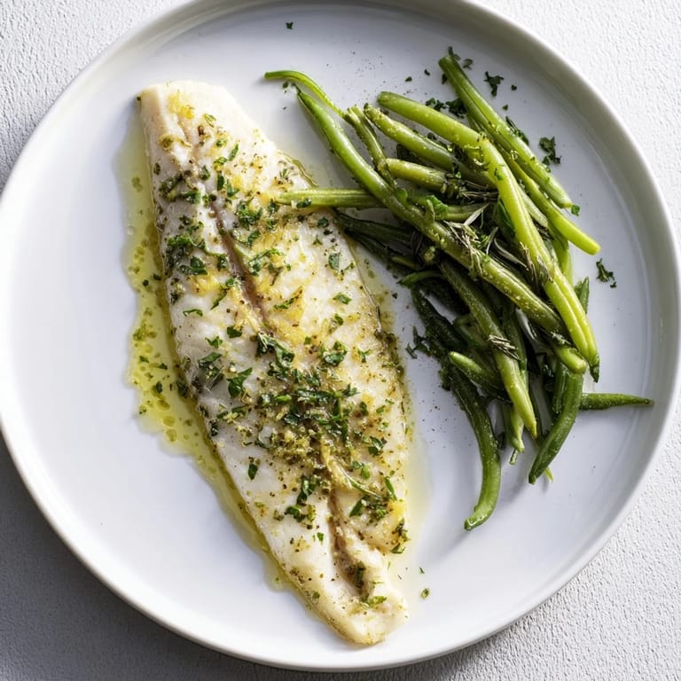 Freshly baked Sheet Pan Lemon Herb Tilapia, brightened with herbs and lemon served with green beans on a sheet pan.